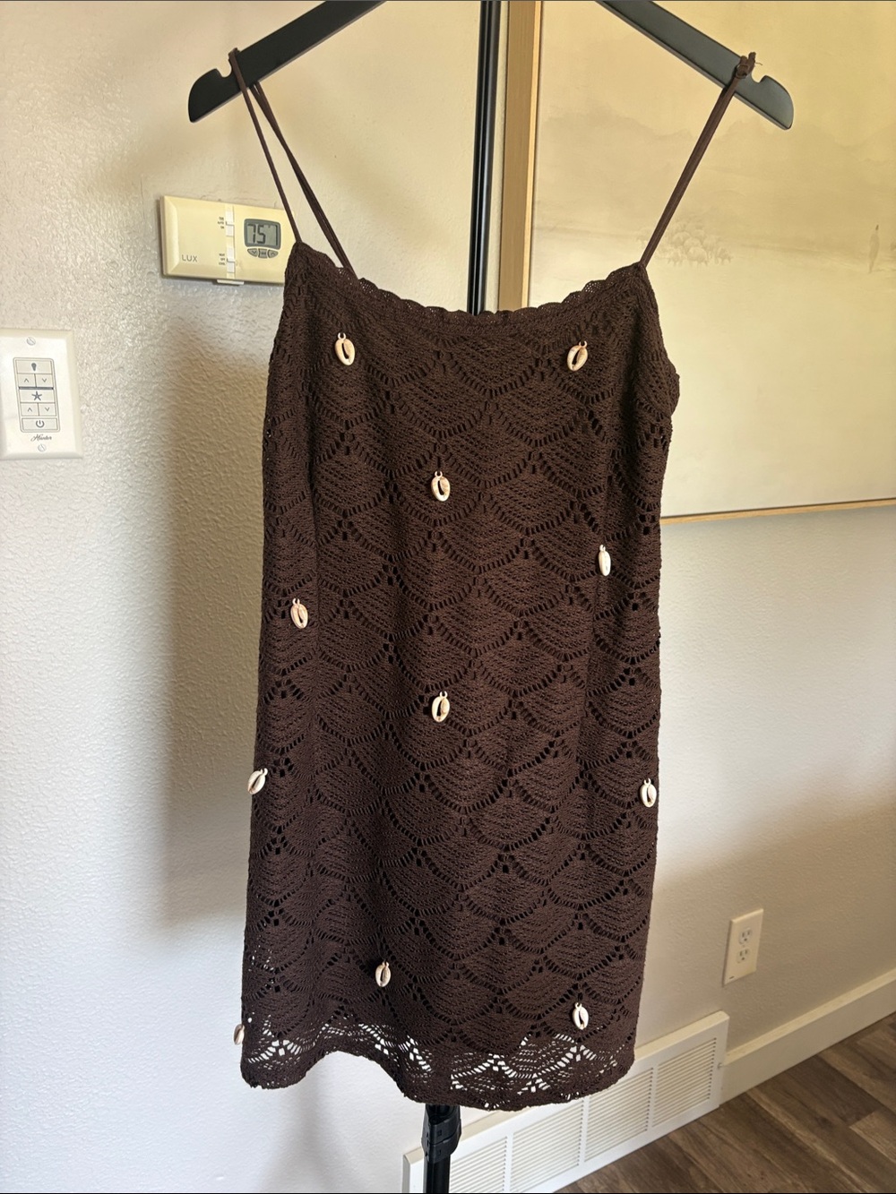 Chocolate Brown Crochet Shell-Accent Mini Slip Dress